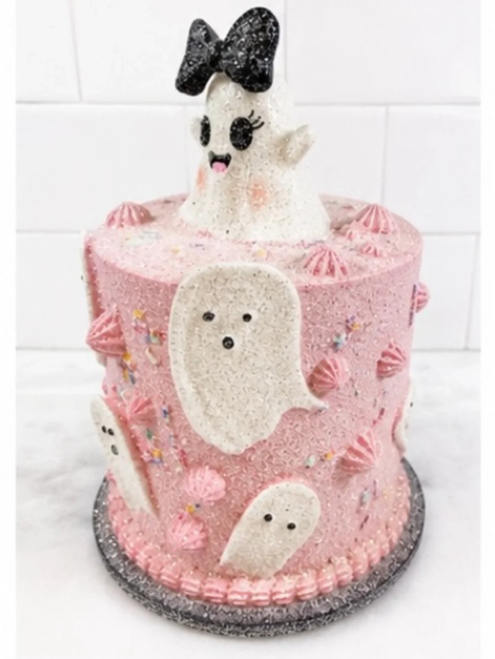 Pink Faux Cake Ghost Figurine Halloween Pastel Goth Decor Black Bow New